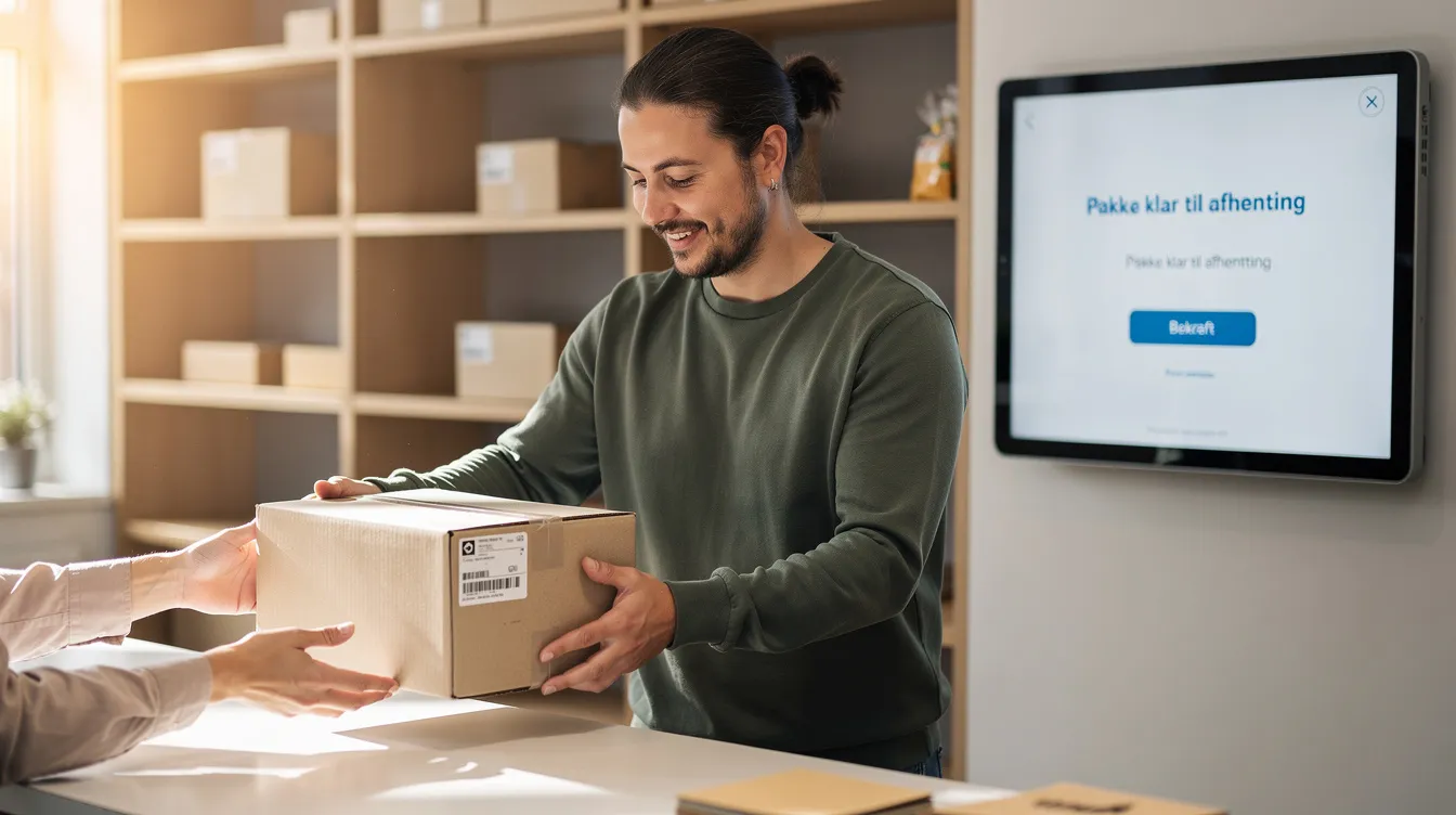 En person står ved en butiksdisk for at afhente en pakke, mens en tablet-skærm i baggrunden viser information. Den fysiske butik tilbyder kunderne mulighed for at returnere varen, hvis der er opdaget fejl.
