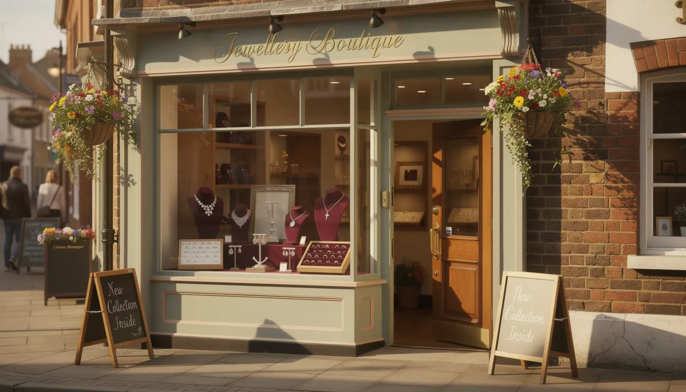 The image depicts the exterior of a charming boutique jewellery shop located on a sunny British high street, featuring an inviting window display that showcases an array of sparkling jewellery pieces. The warm ambiance and attractive design of the shop create a welcoming atmosphere for potential customers, enhancing its visibility in local search results.