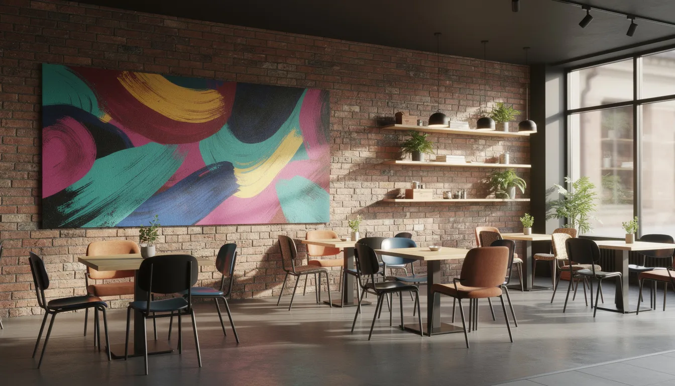 L'image présente l'intérieur moderne d'un café avec une salle à manger vibrante ornée d'œuvres d'art abstraites et colorées sur un mur en briques apparentes, créant une atmosphère animée où les convives peuvent explorer et apprécier leurs repas. L'espace invite les clients à choisir dans un menu tout en admirant l'art unique, en faisant un lieu parfait pour dîner en été et pour la photographie.