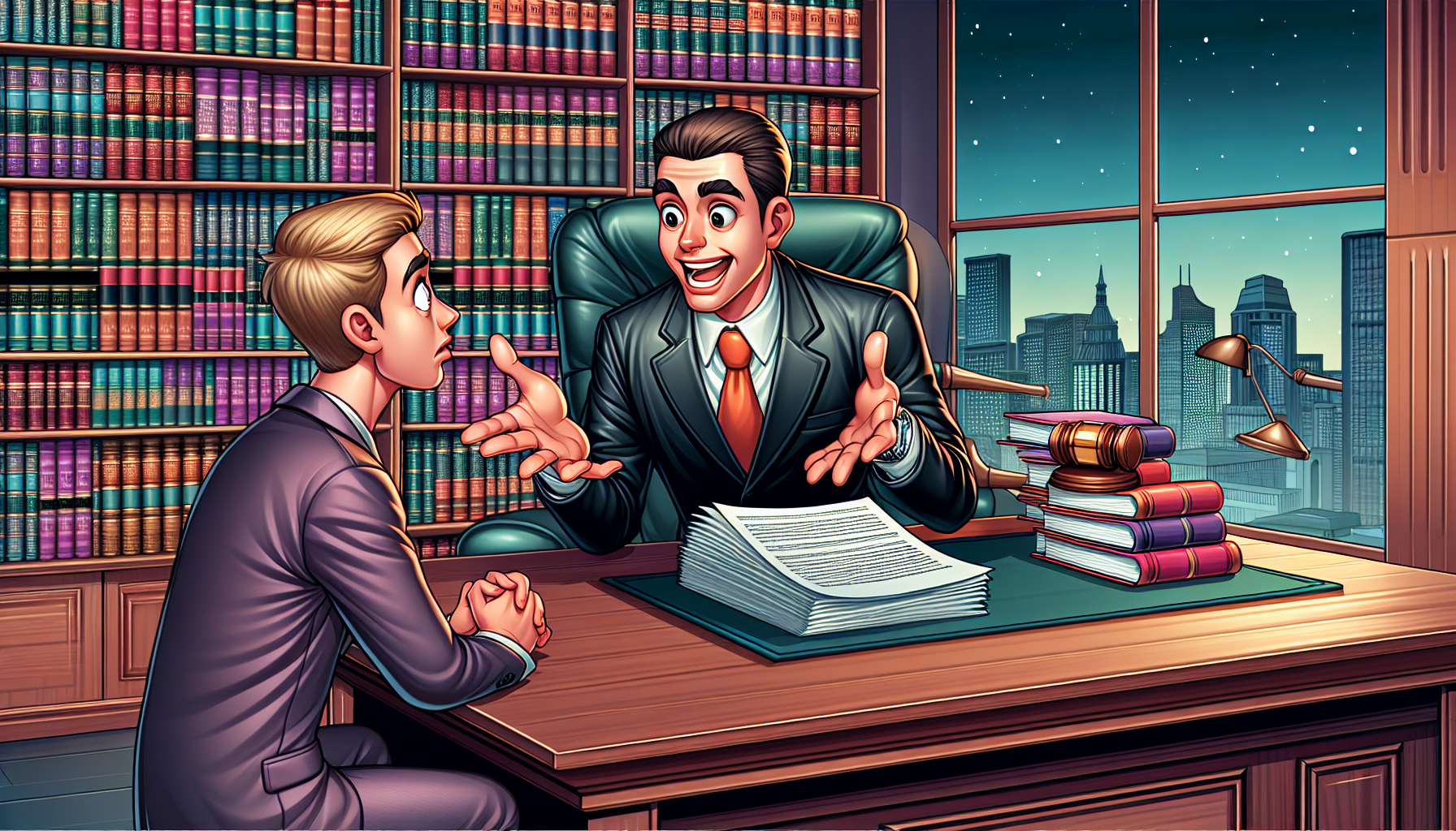 A cartoon showing a lawyer consulting with a client about catastrophic injury cases.