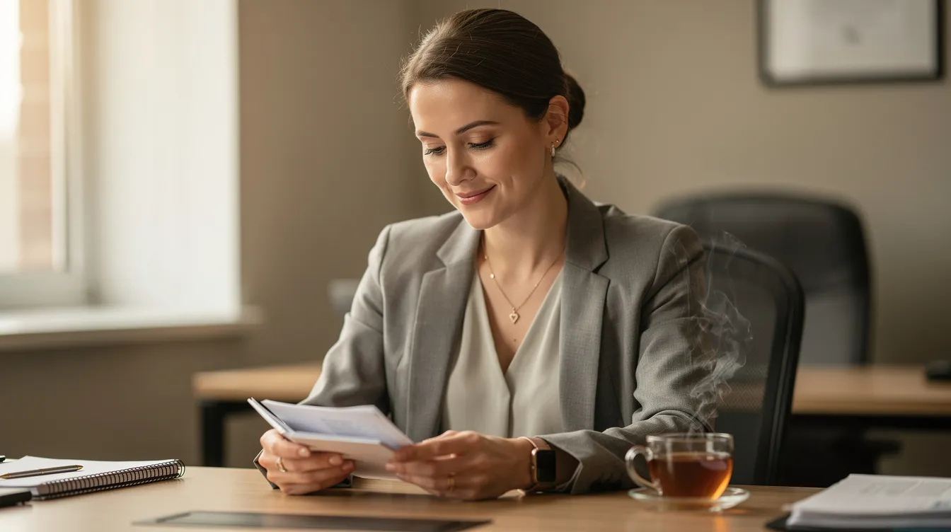1744897c b21c 4bc9 b7ab 7b4426b6ae39 A calm professional woman sits at her desk, thoughtfully reviewing papers while enjoying a cup of tea, symbolizing patience during a waiting period for financial assistance. This image reflects the diligence needed for successfully repaying previous loans and preparing necessary documents for a business loan application.