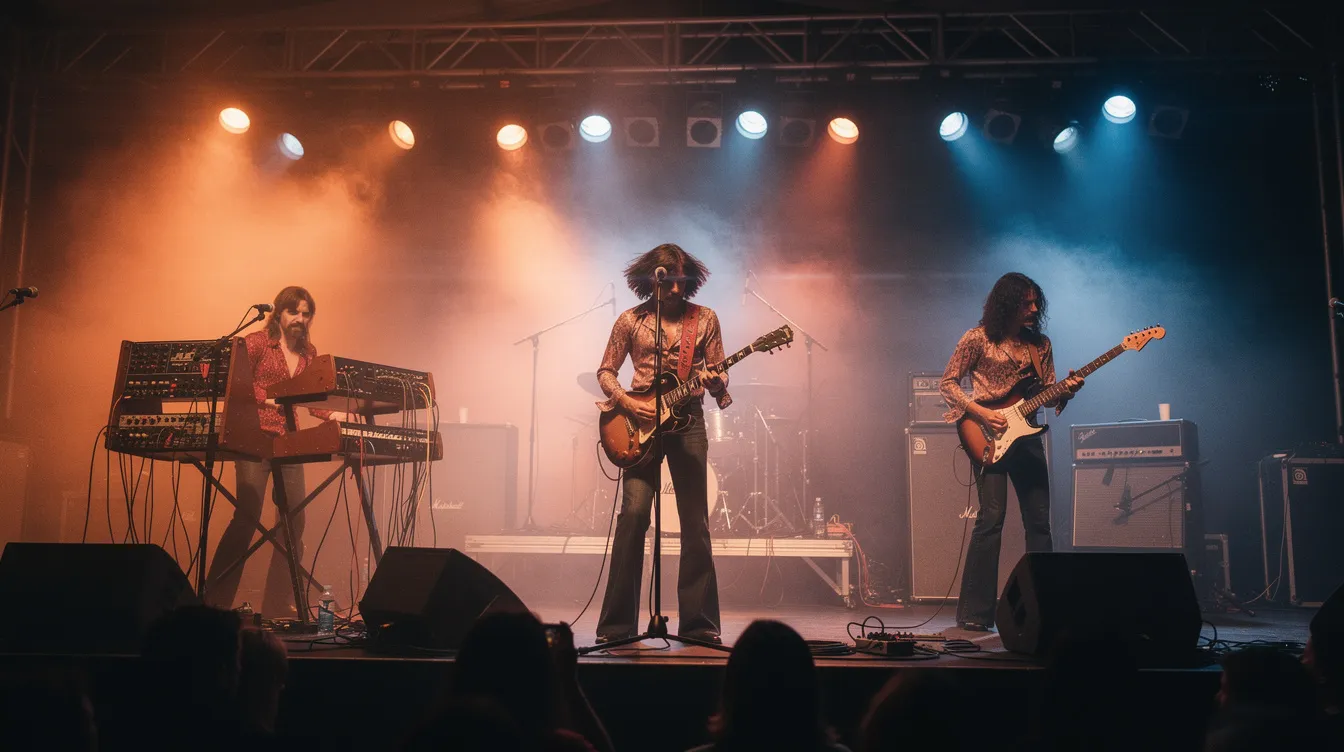 Die Konzertbühne der 1970er Jahre zeigt Musiker, die mit Synthesizern und Gitarren auftreten, umgeben von Scheinwerfern und Nebel. Diese Szene spiegelt die Vielfalt der Musikszene wider, die von Rock bis Pop reicht und die Entwicklung von Bands wie Kraftwerk und die Ärzte beeinflusste.