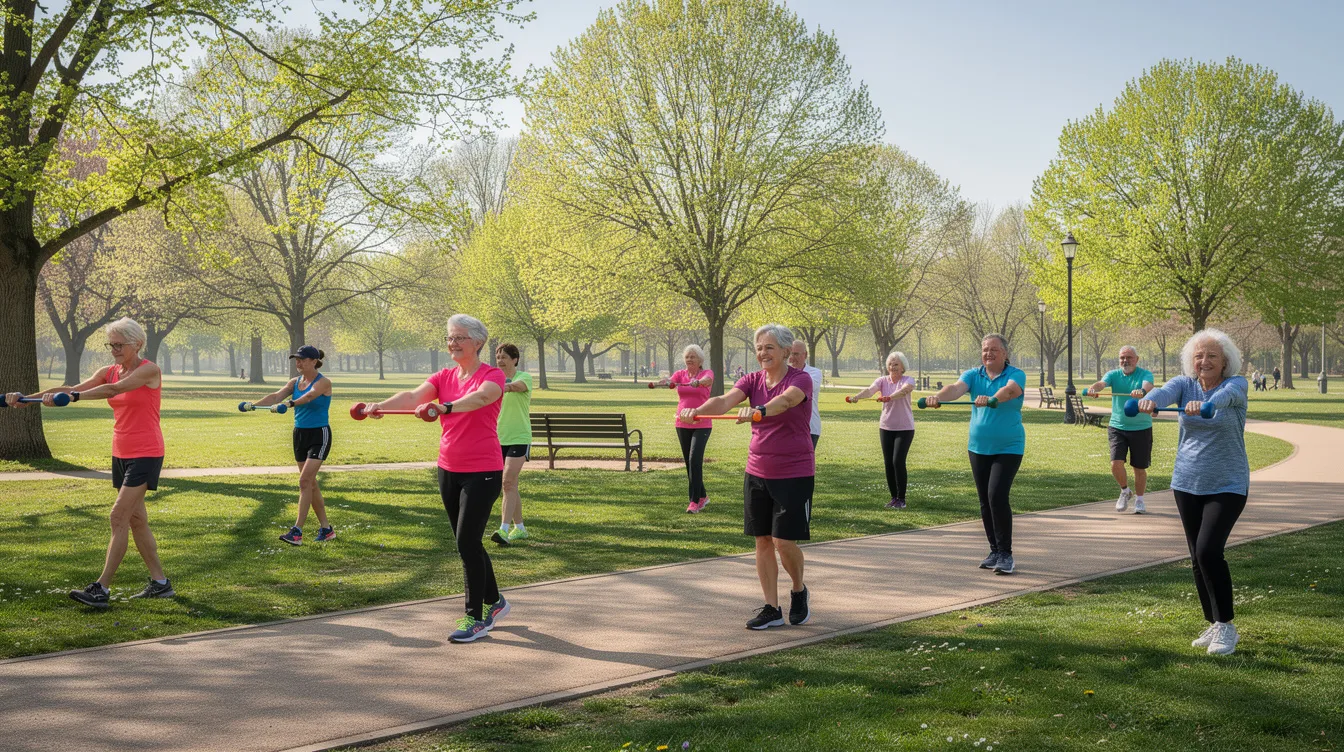 The image depicts older adults engaging in outdoor exercise in a park, promoting healthy aging and supporting bone health. This activity may contribute to improved cardiovascular health and energy metabolism, essential for extending lifespan and enhancing overall well-being.
