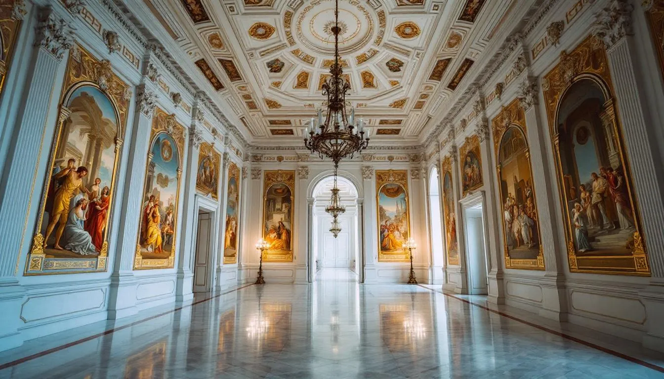 Der elegante Weiße Saal im Schloss Solitude ist mit historischen Wandgemälden geschmückt und bietet eine festliche Atmosphäre für Trauungen. Dieser beeindruckende Trausaal in Stuttgart vereint historische Eleganz mit einem romantischen Ambiente, ideal für eine Eheschließung.