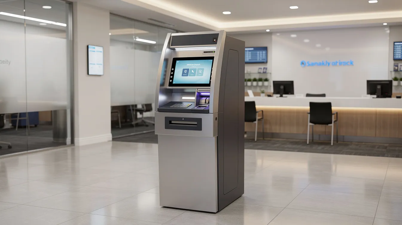 The image shows a modern freestanding ATM machine located in a brightly lit bank branch lobby, designed with advanced security features to protect against fraudulent transactions and unauthorized access. This automated teller machine is equipped with a card reader, cash dispenser, and various security modules to ensure safe financial transactions for customers.