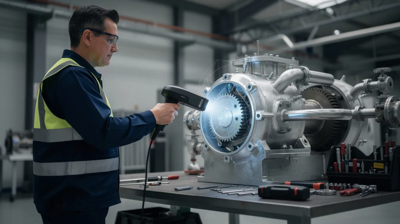 A professional technician is using a handheld 3D scanner on mechanical equipment within an industrial facility, showcasing the scanning process that captures intricate details and precise measurements of the physical object. This advanced scanning technology is essential for quality control and data processing in complex projects.