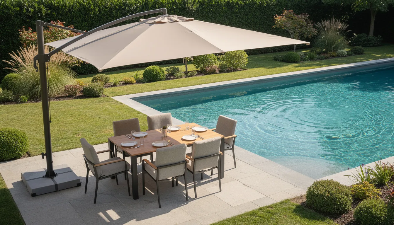 A large cantilever umbrella provides shade over a stylish outdoor dining table, creating an inviting atmosphere next to a sparkling swimming pool. This stunning outdoor living space features comfortable outdoor furniture, ideal for entertaining guests and enjoying the ultimate backyard oasis.
