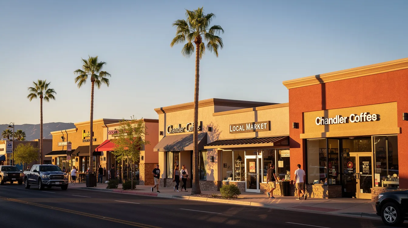 The image depicts a vibrant business landscape in Chandler, Arizona, showcasing small and medium businesses that focus on customer engagement and loyalty strategies. These establishments utilize customer loyalty programs and loyalty management software to enhance customer relationships and improve customer retention through personalized rewards and data-driven insights.