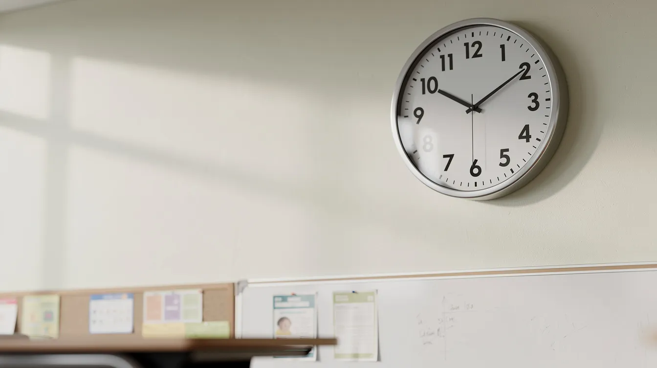 Na ścianie klasy znajduje się analogowy zegar, który wskazuje czas. Jego klasyczny design przypomina o ważności zarządzania czasem, co może być istotne podczas pisania rozprawki maturalnej z języka polskiego.