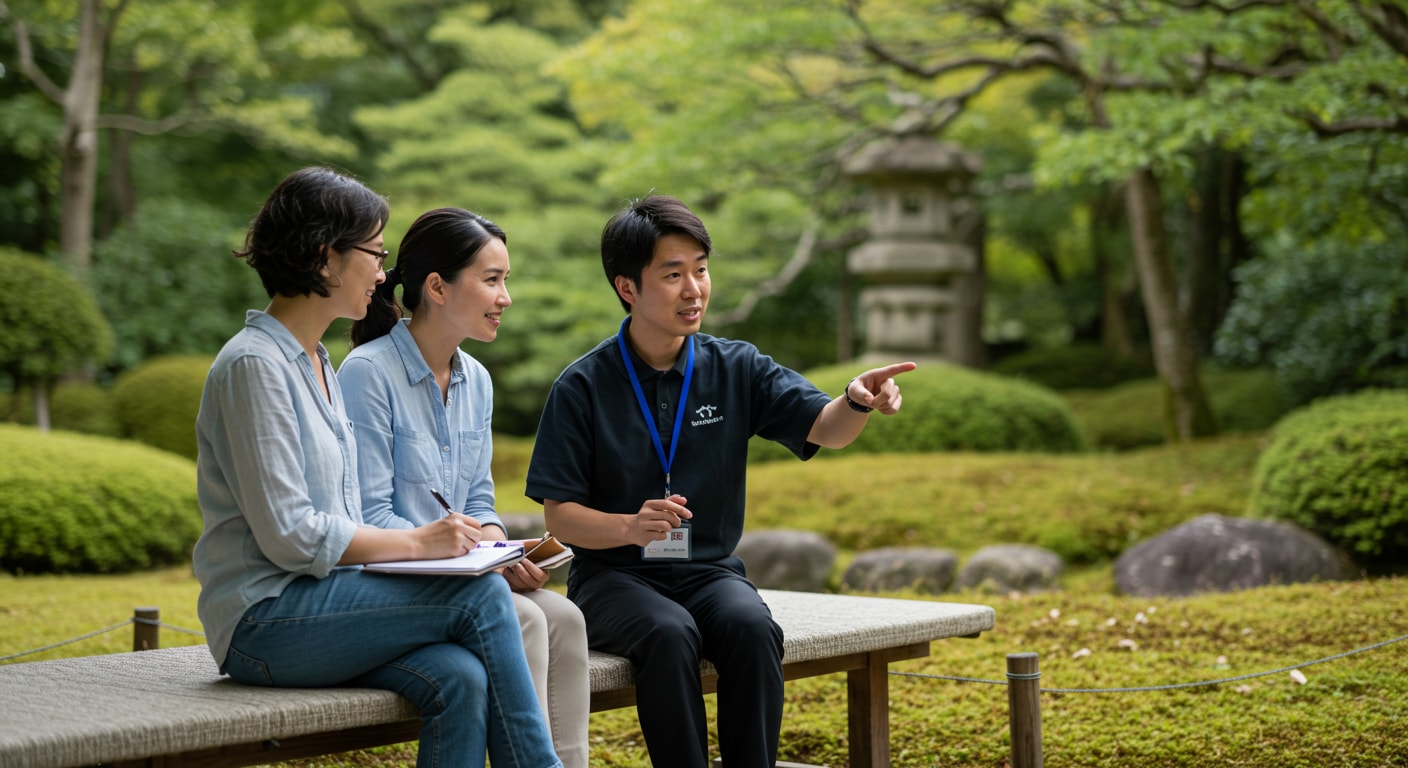 A guide and guest sitting together on a traditional wooden bench in a Japanese garden, the guide pointing to something specific while the visitor takes notes, showing personalized attention and flexible pacing