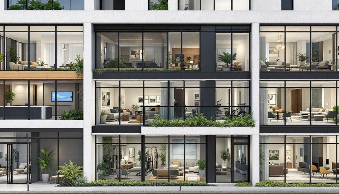 A imagem mostra um edifício residencial moderno, com foco nas áreas comuns, como piscina e salão de festas, além de unidades privativas visíveis nas janelas. Este cenário ilustra a valorização do mercado imobiliário e a importância da avaliação imobiliária para determinar o valor de mercado dos imóveis.