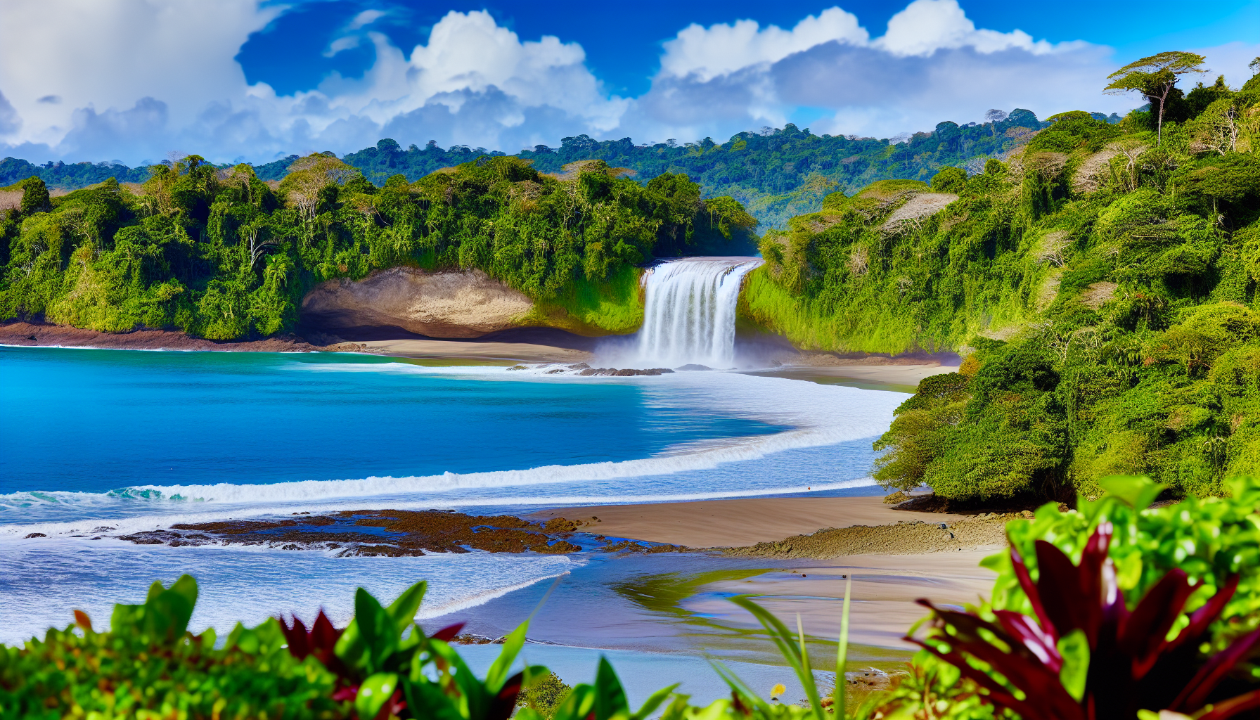 Secluded Playa Cocalito with a waterfall cascading into the ocean