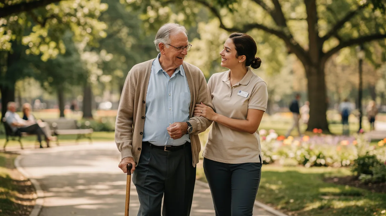 An older man and his younger caregiver are walking together along a winding path in a park, surrounded by lush trees. This scene highlights the importance of family caregiver support, showcasing the bond and assistance provided by informal caregivers to older adults.