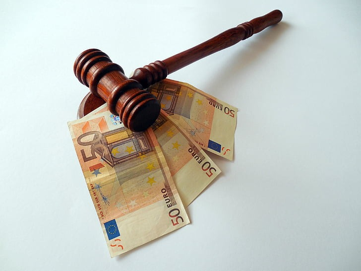 Gavel with three Euro banknotes