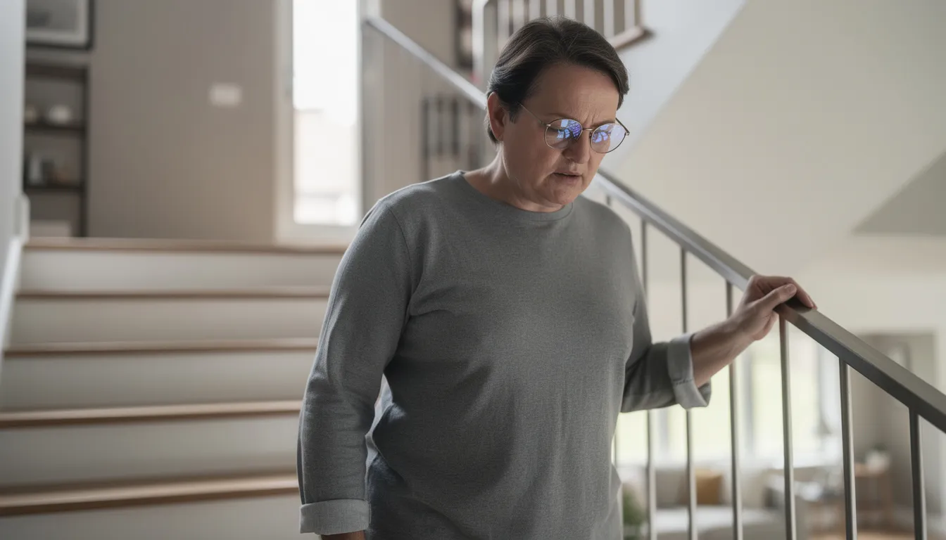 Een persoon loopt voorzichtig de trap af terwijl hij een nieuwe multifocale bril draagt, wat helpt bij het scherp zien op verschillende afstanden. De focus ligt op het wennen aan de multifocale brillenglazen, die zowel dichtbij als veraf helder zicht bieden.