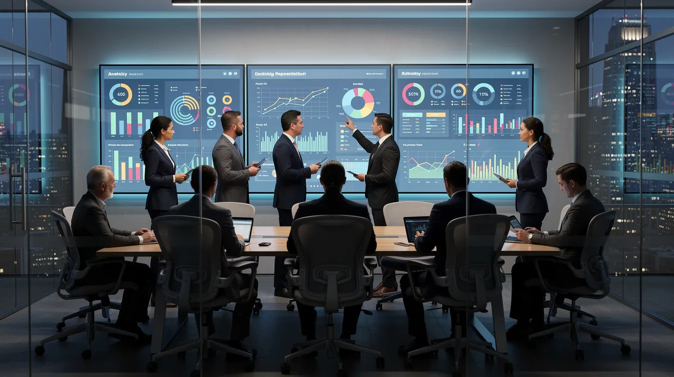 Un grupo de profesionales de negocios analizando información en pantallas grandes, donde se pueden ver gráficos y dashboards que representan datos clave para la toma de decisiones en empresas.