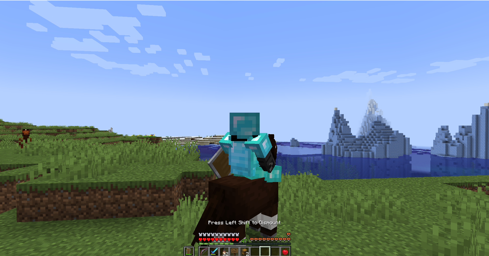 A player riding a horse in Minecraft.