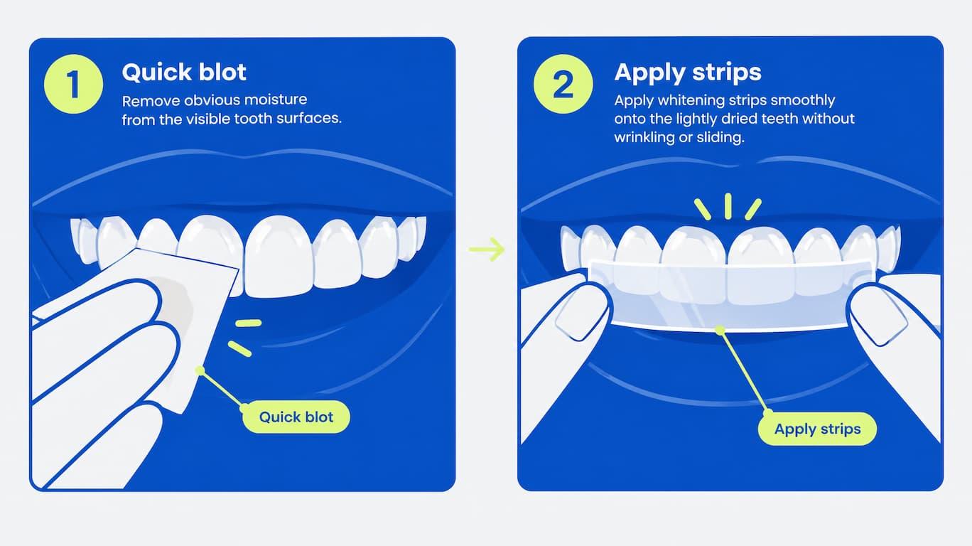 Two-step illustration: quick blot to remove obvious moisture from the visible tooth surfaces, then apply whitening strips smoothly onto the lightly dried teeth without wrinkling or sliding