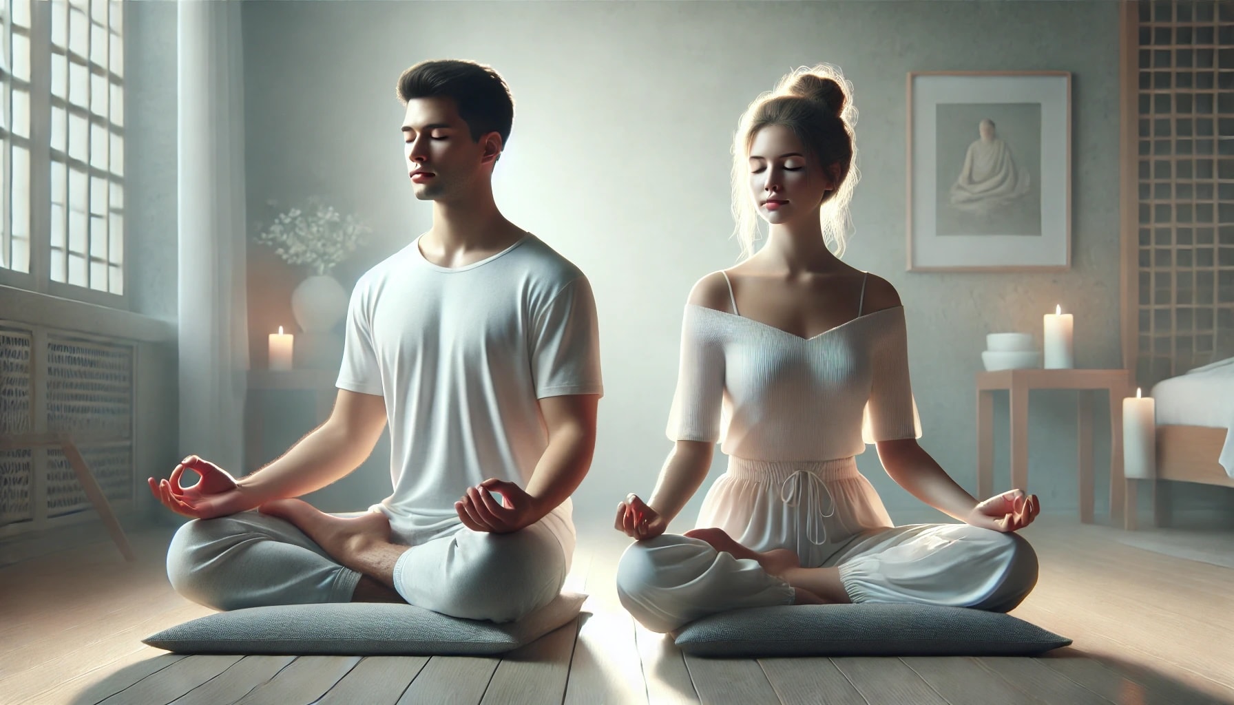 A couple sitting together in a quiet room, meditating side by side