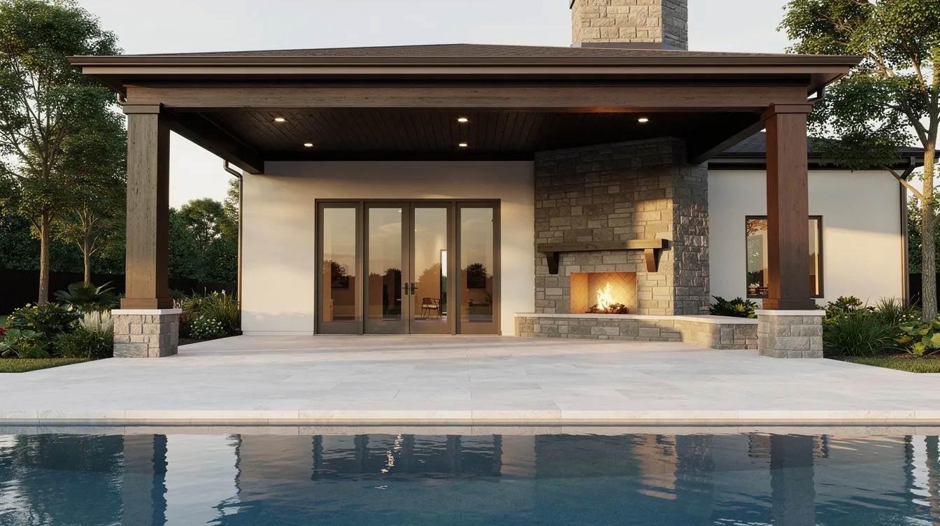 The image depicts a stylish pool house featuring a deep covered porch and a stone fireplace, with a spacious pool deck in the foreground, perfect for entertaining guests during the FIFA World Cup. This backyard oasis combines functional design with inviting outdoor space, ideal for hosting memorable matches and accommodating overnight visitors.