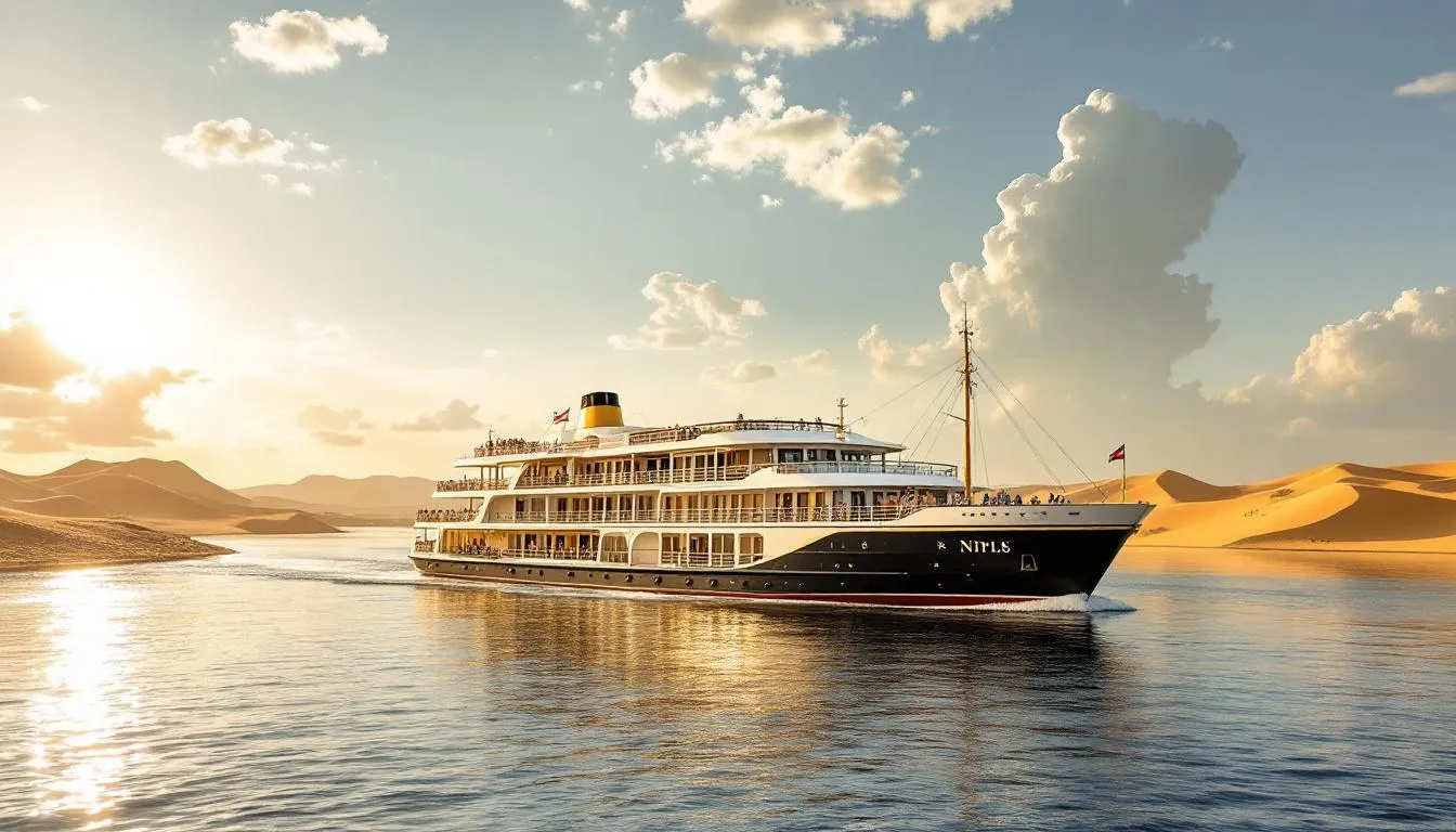 Um luxuoso navio de cruzeiro navega tranquilamente pelo Rio Nilo, cercado por paisagens deslumbrantes que remetem ao antigo Egito. Ao fundo, é possível avistar os famosos templos e pirâmides, como as de Gizé, que são pontos turísticos imperdíveis para quem deseja explorar a rica história da terra dos faraós.