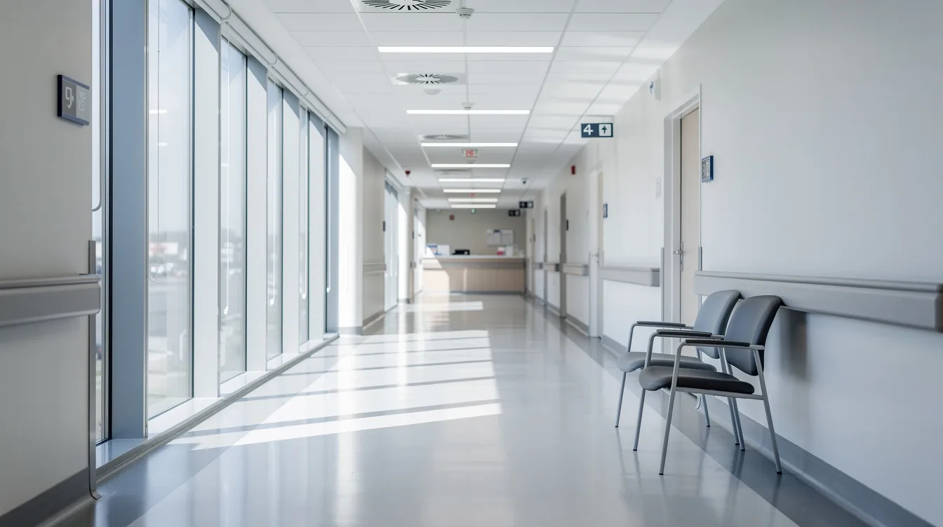 The image depicts a bright hospital hallway illuminated by natural light streaming through large windows, creating a warm and inviting atmosphere. This setting is often associated with medical environments where health care professionals provide care, highlighting the importance of understanding medical malpractice and the role of qualified medical malpractice lawyers in ensuring patient rights.