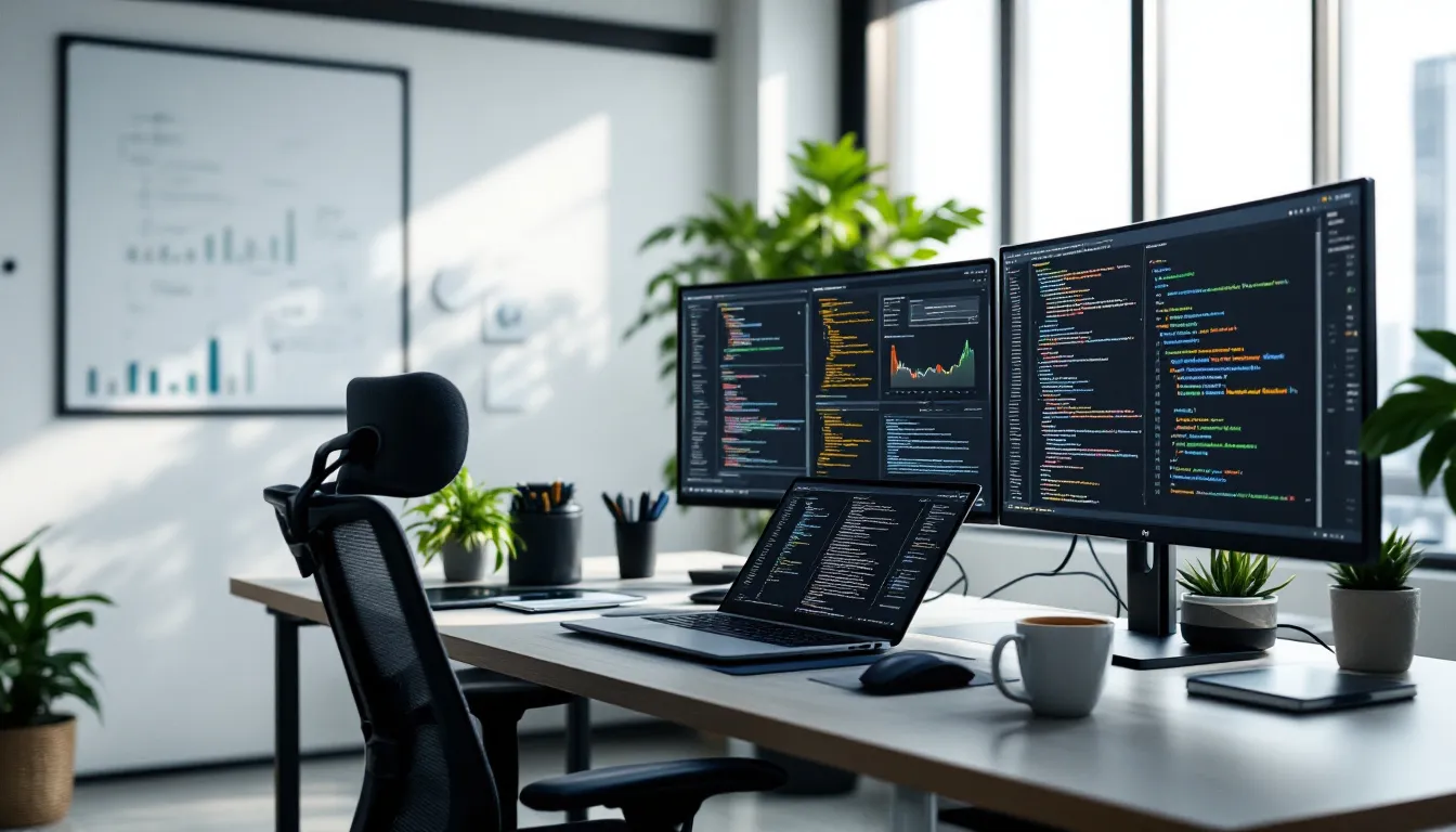 In a modern office workspace, multiple monitors display various data dashboards and lines of code, illustrating a collaborative environment where data engineers work on data integration and scalable data transformation using tools like Azure Data Factory and Databricks. The setup emphasizes data analytics and processing, showcasing a unified analytics platform for managing both structured and unstructured data.