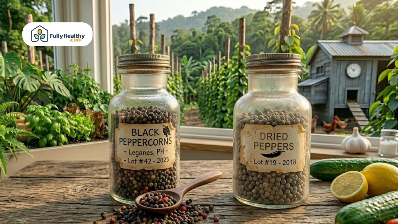 Jars of black peppercorns and dried peppers on rustic kitchen table