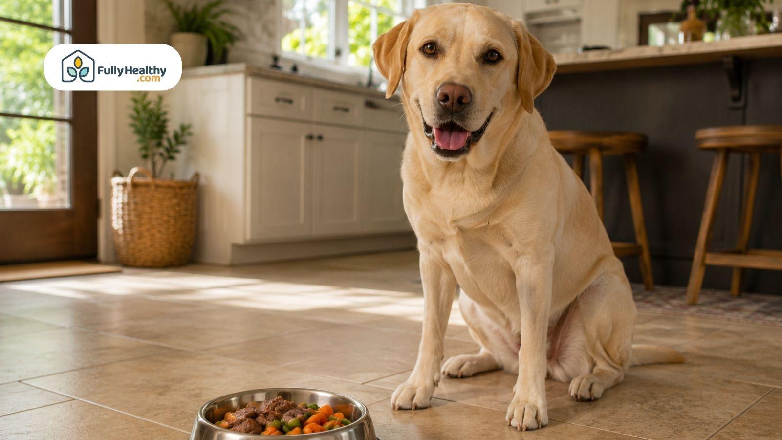 Happy Labrador beside balanced lamb meal in bright home kitchen