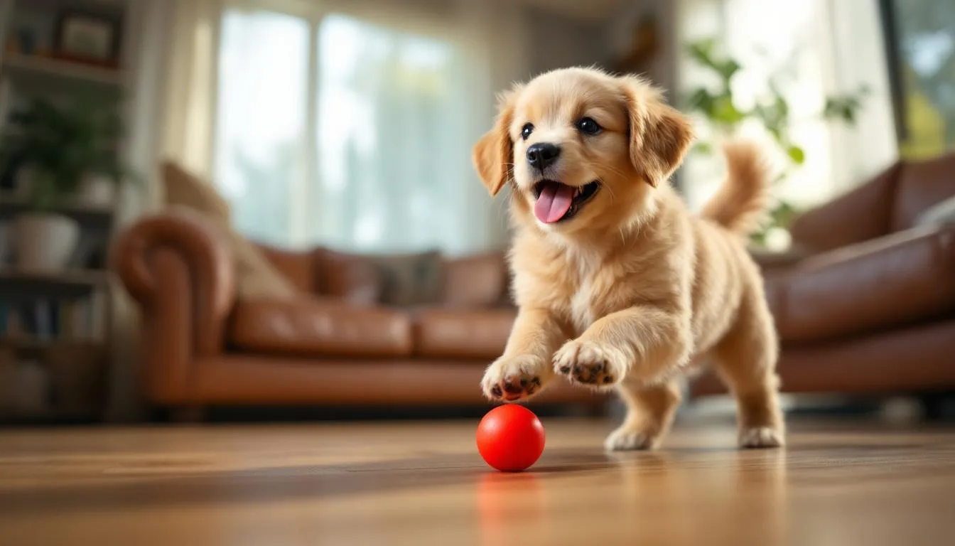 A teacup goldendoodle is joyfully playing with a small toy in a cozy living room, showcasing its affectionate nature and spirited personality. This adorable puppy, known for its compact size and hypoallergenic coat, embodies the playful spirit that makes teacup goldendoodles wonderful companions.