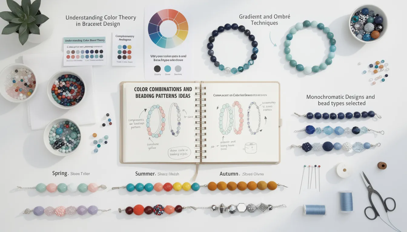 The image showcases a variety of stunning beaded bracelet designs featuring different color combinations and beading patterns, including gradient and ombré techniques. Tools like beading needles and elastic cord are also depicted, emphasizing the creativity involved in bracelet making and the exploration of seasonal color palettes.