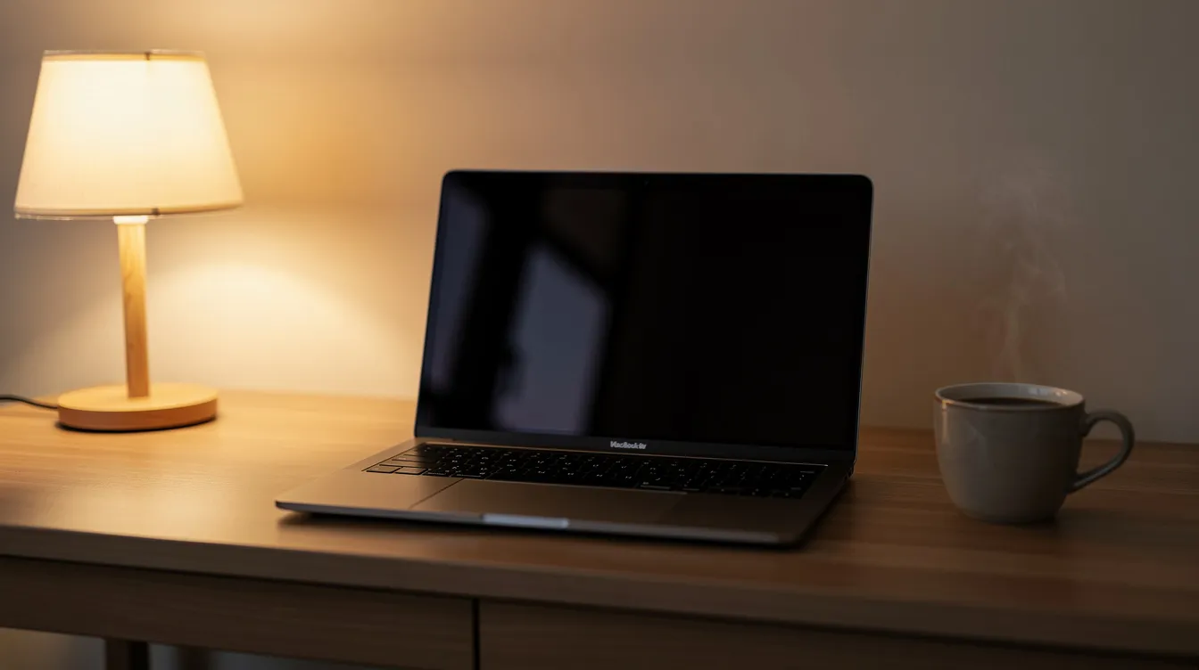 A laptop and warm lamplight on a home desk, set up for an online men's group therapy session in New York