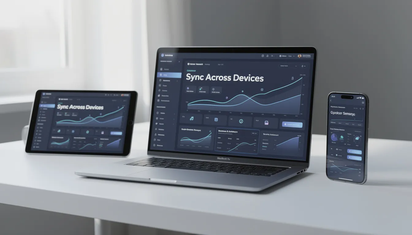 The image features a laptop, tablet, and smartphone displaying synchronized content, illustrating seamless connectivity across multiple devices. This setup reflects modern technology use, which is essential for activities such as การ เดิม พัน and การ เล่น in various formats, including live gaming experiences.