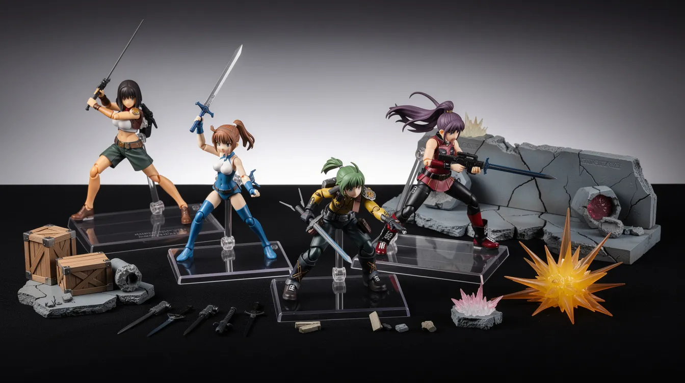 The image showcases a selection of authentic anime figures posed creatively beside various display accessories, highlighting a curated collection from popular series like Dragon Ball and One Piece. Each figure is in perfect condition, representing a great variety for anime enthusiasts looking to enhance their collection.