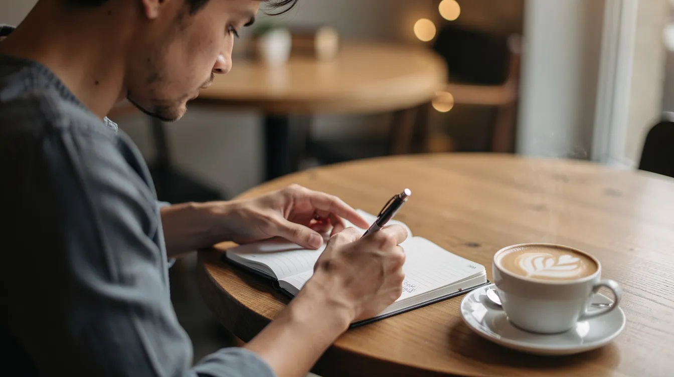A person is sitting at a coffee shop table, writing notes in a small notebook with a latte beside them. The cozy atmosphere suggests a perfect spot for Starbucks partners to take a moment for personal time amidst their busy schedules.