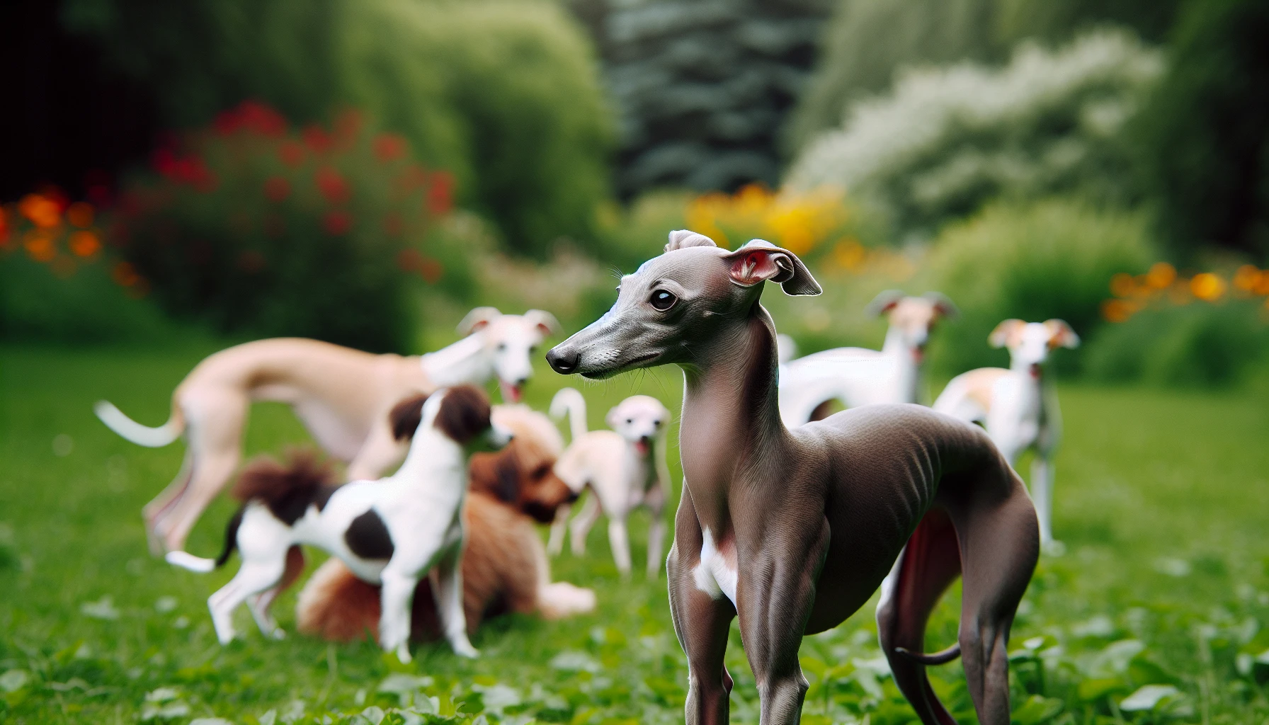 Illustration of Italian Greyhound socializing with other dogs