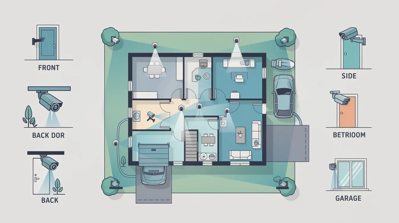 A home security camera placement guide showing key areas to install cameras for effective home security.