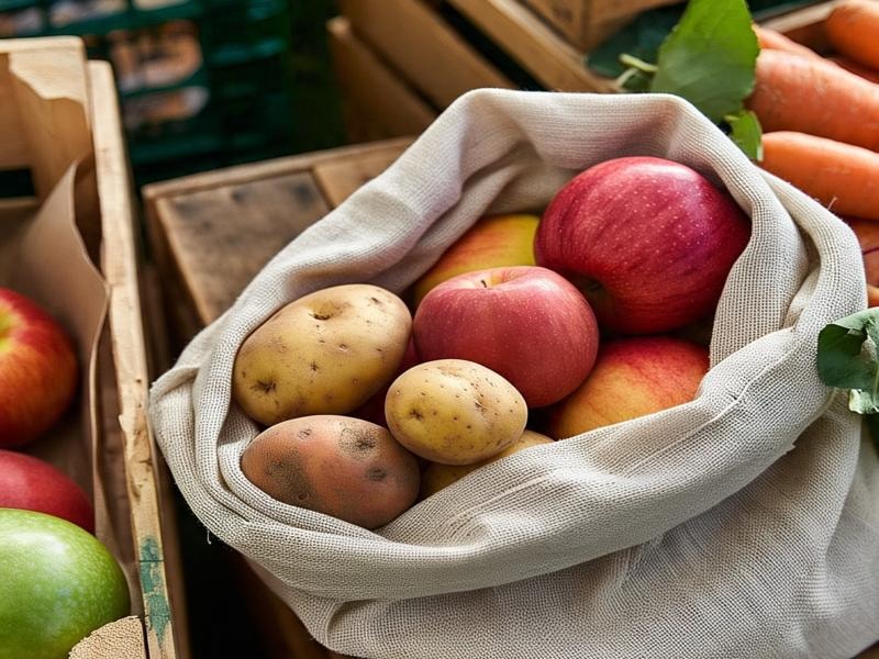 A reusable shopping bag made from muslin, filled with red apples and potatoes sits in a wooden crate, surrounded by other crates of apples and carrots.