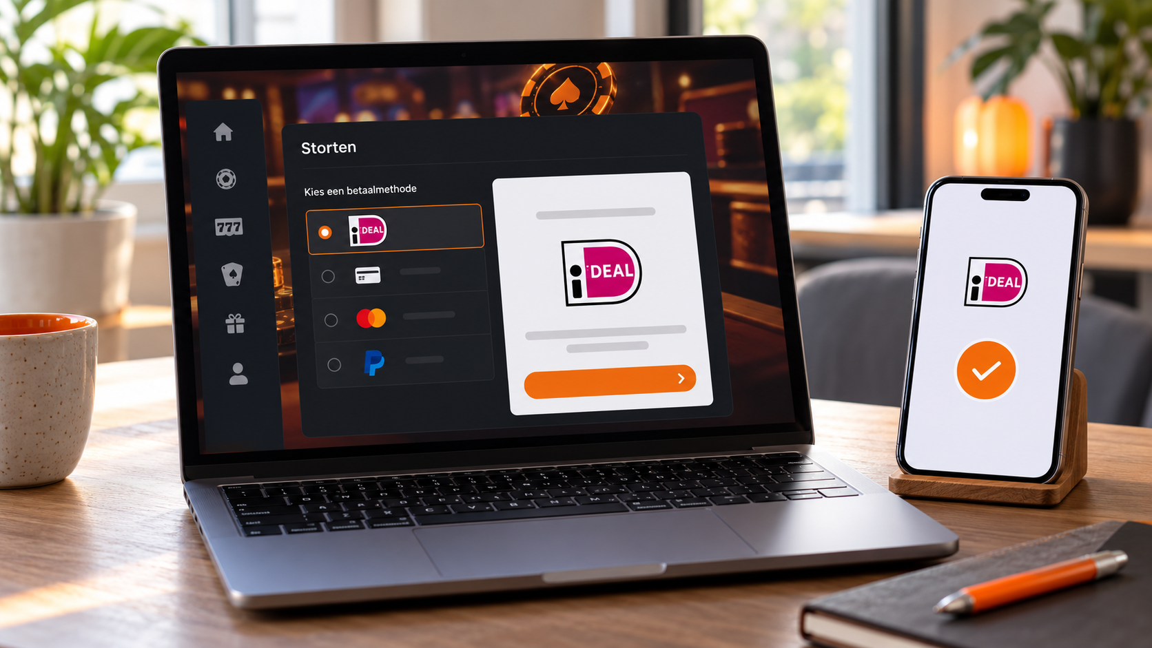Laptop met iDEAL als geselecteerde betaalmethode en een bevestiging op een telefoon.