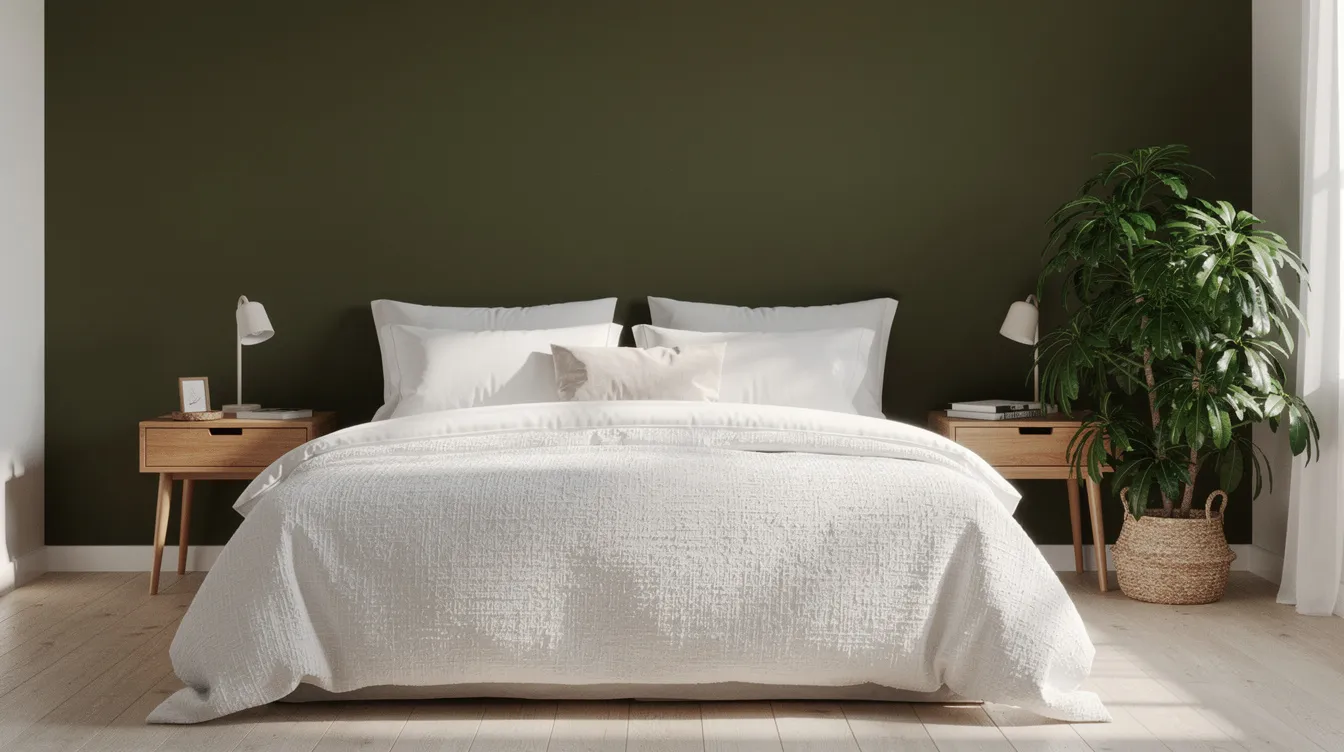 Een slaapkamer met een donker olijfgroene muur achter het bed, dat bed is opgemaakt met wit beddengoed. Aan weerszijden staan houten nachtkastjes en in de hoek staat een grote groene plant in een rieten mand, die een natuurlijke uitstraling aan het interieur geeft.