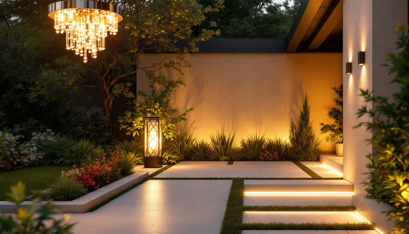 An overview of outdoor lighting concepts in a beautifully illuminated garden, showcasing various outdoor lighting fixtures.