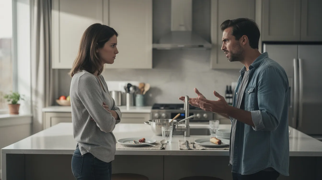 The image depicts a couple in a kitchen, appearing unhappy and disconnected, highlighting the challenges of communication and compatibility in their relationship. Their expressions suggest a lack of mutual respect and emotional connection, which are essential for long-term relationship success.