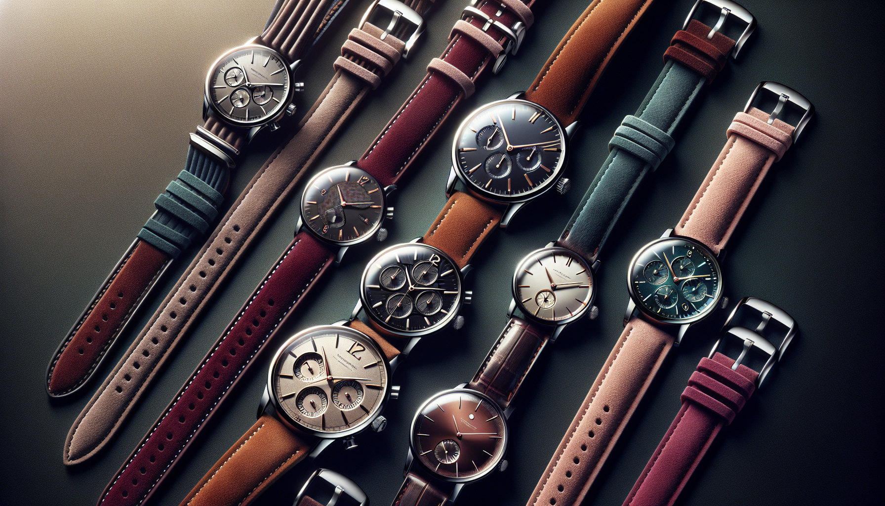 An illustration of different styles of watches paired with suede watch straps.