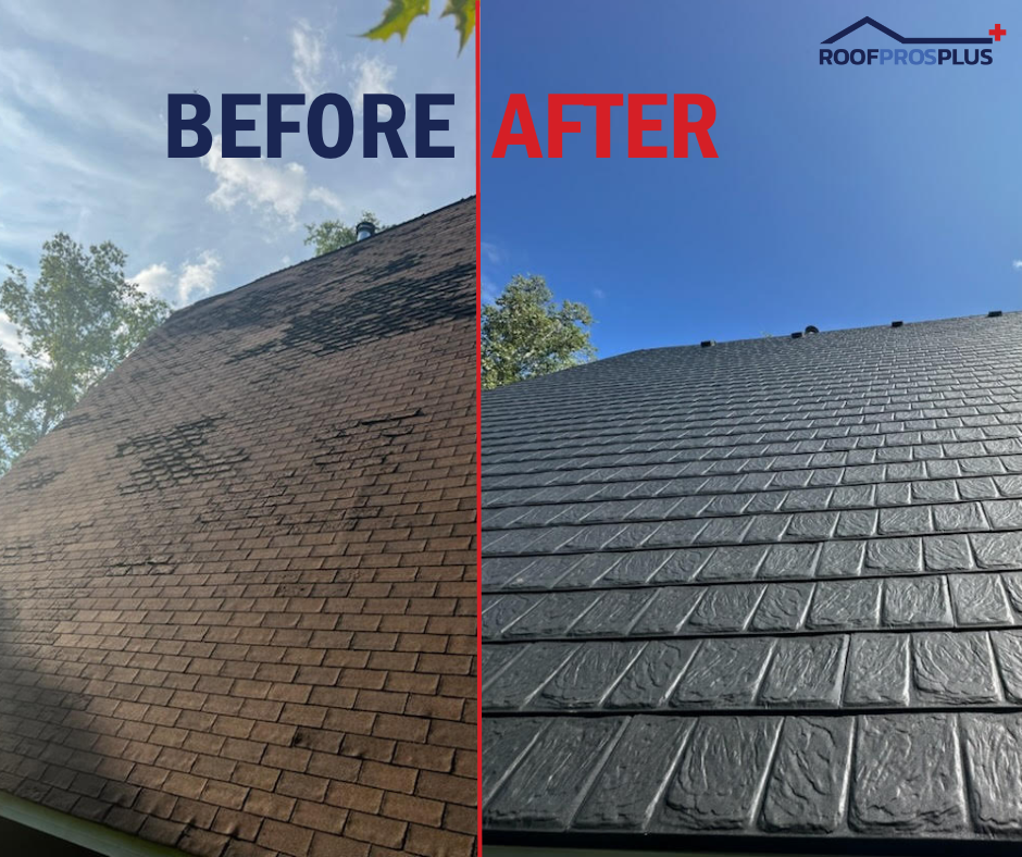 Split image of a roof, showing "Before" on the left with worn shingles and "After" on the right with new, dark metal tiles under a clear blue sky. The Roof Pros Plus logo is in the top right hand corner of the graphic.