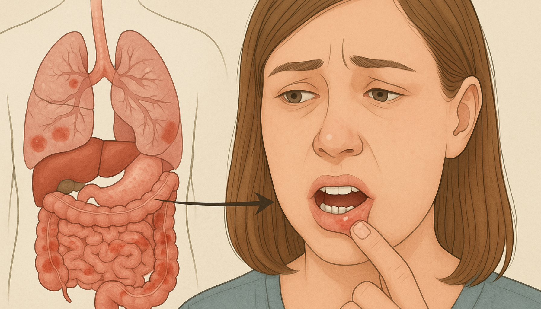 Illustrasjon viser kvinne med munnsår og betente tarmer, kobling mellom Crohns sykdom og symptomer i munnhulen.