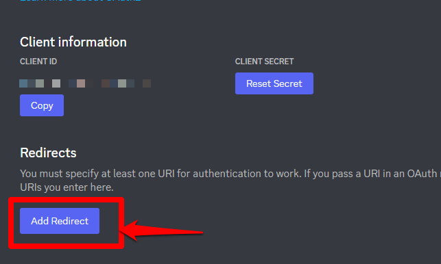 Adding a redirect URL on the Discord developers portal