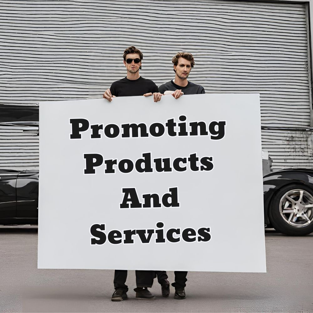 A person smiling while holding a sign with the words "Promoting Products and Services"