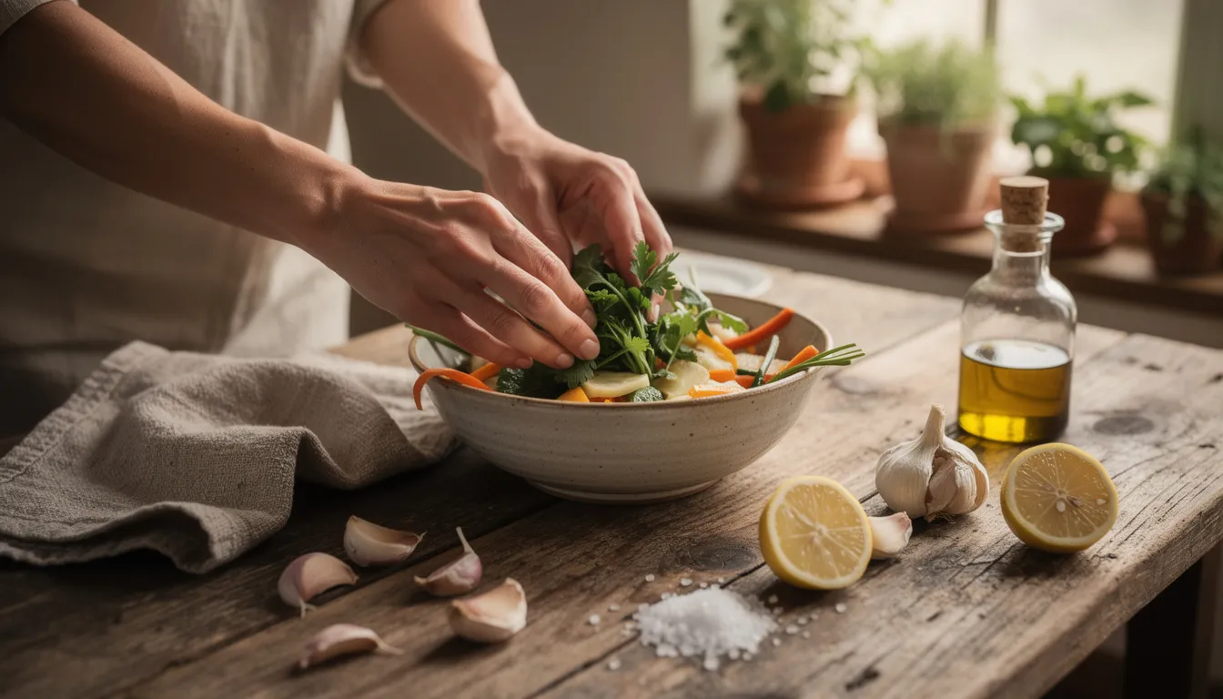 The image shows a woman's hands skillfully mixing natural ingredients like grass-fed beef tallow, coconut oil, and essential oils in a rustic kitchen, creating a nourishing tallow face cream. The warm, inviting setting highlights the homemade aspect of this skincare recipe, emphasizing the benefits of using wholesome ingredients for sensitive skin.