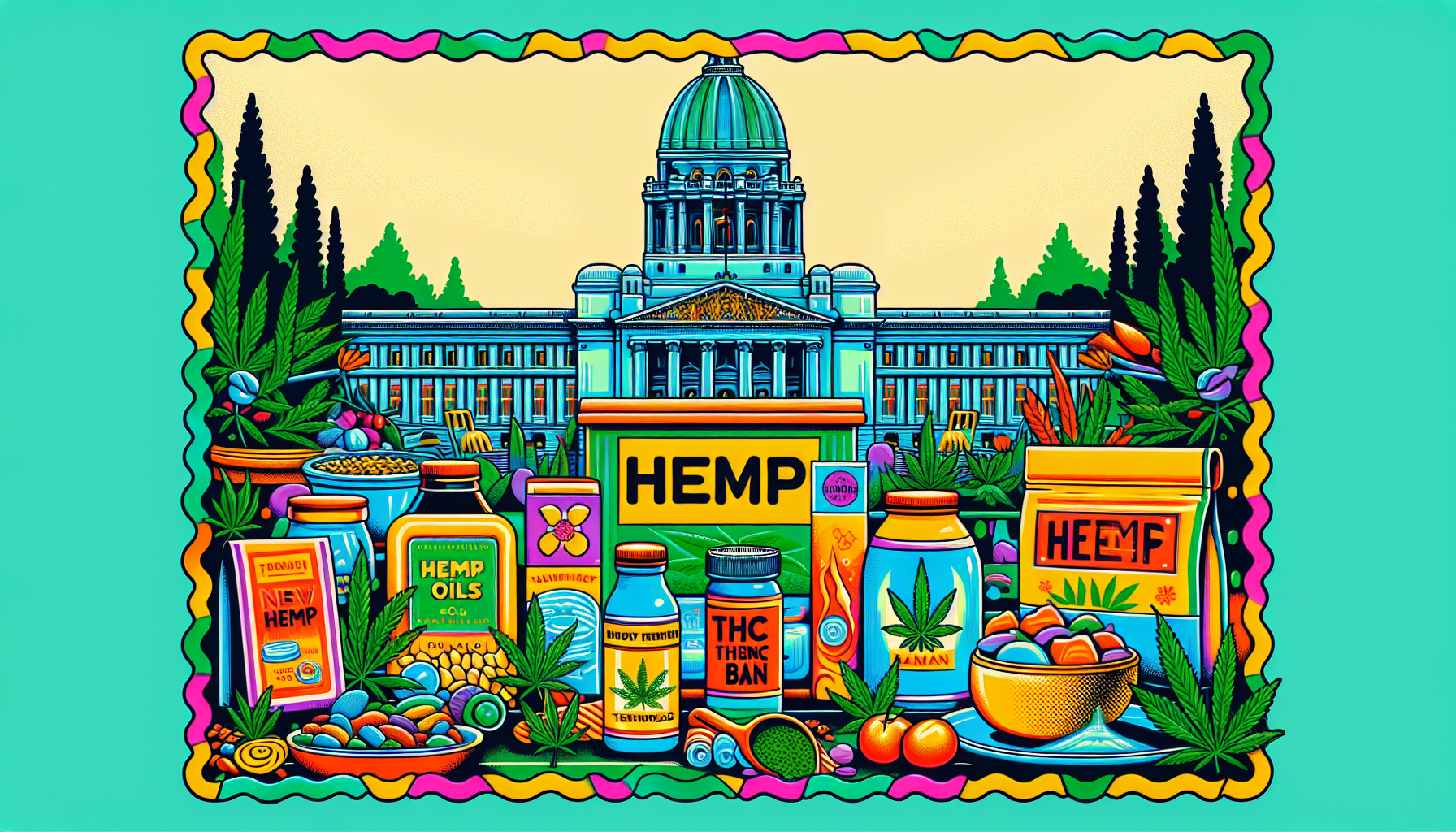 Illustration depicting the details of the new hemp THC ban, including various hemp products.