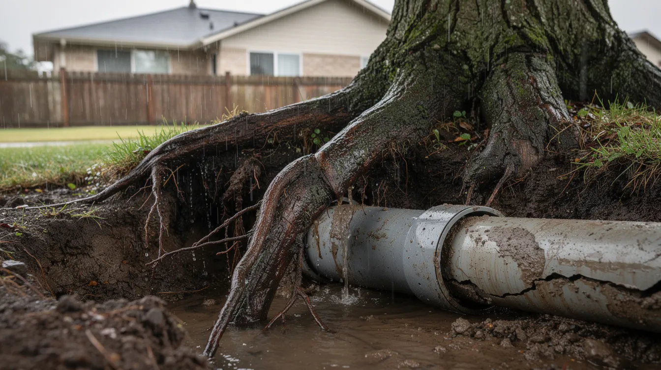 The image depicts mature tree roots intertwining with residential sewer pipes in a rain-soaked yard, highlighting potential plumbing issues that homeowners may face. This scene emphasizes the importance of reliable plumbing services for sewer repair and drain cleaning to avoid blockages and leaks in the plumbing system.